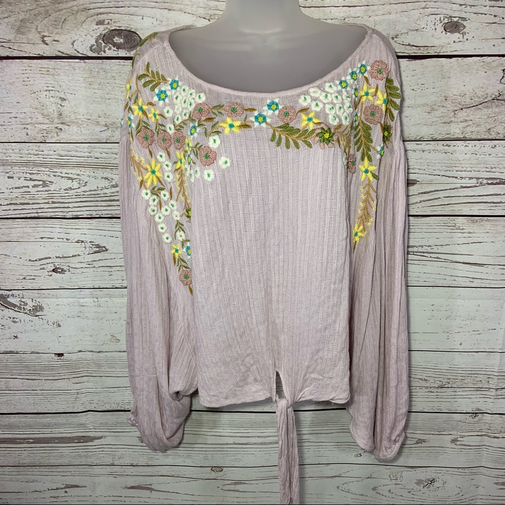 Free People Lavender Embroidered Tie-Front Blouse